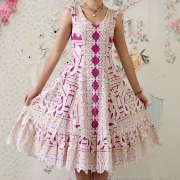 EUC! Moulinette Soeurs/Anthropologie Pink and Cream Lace Midi Dress, Size 2 - Picture 3 of 7